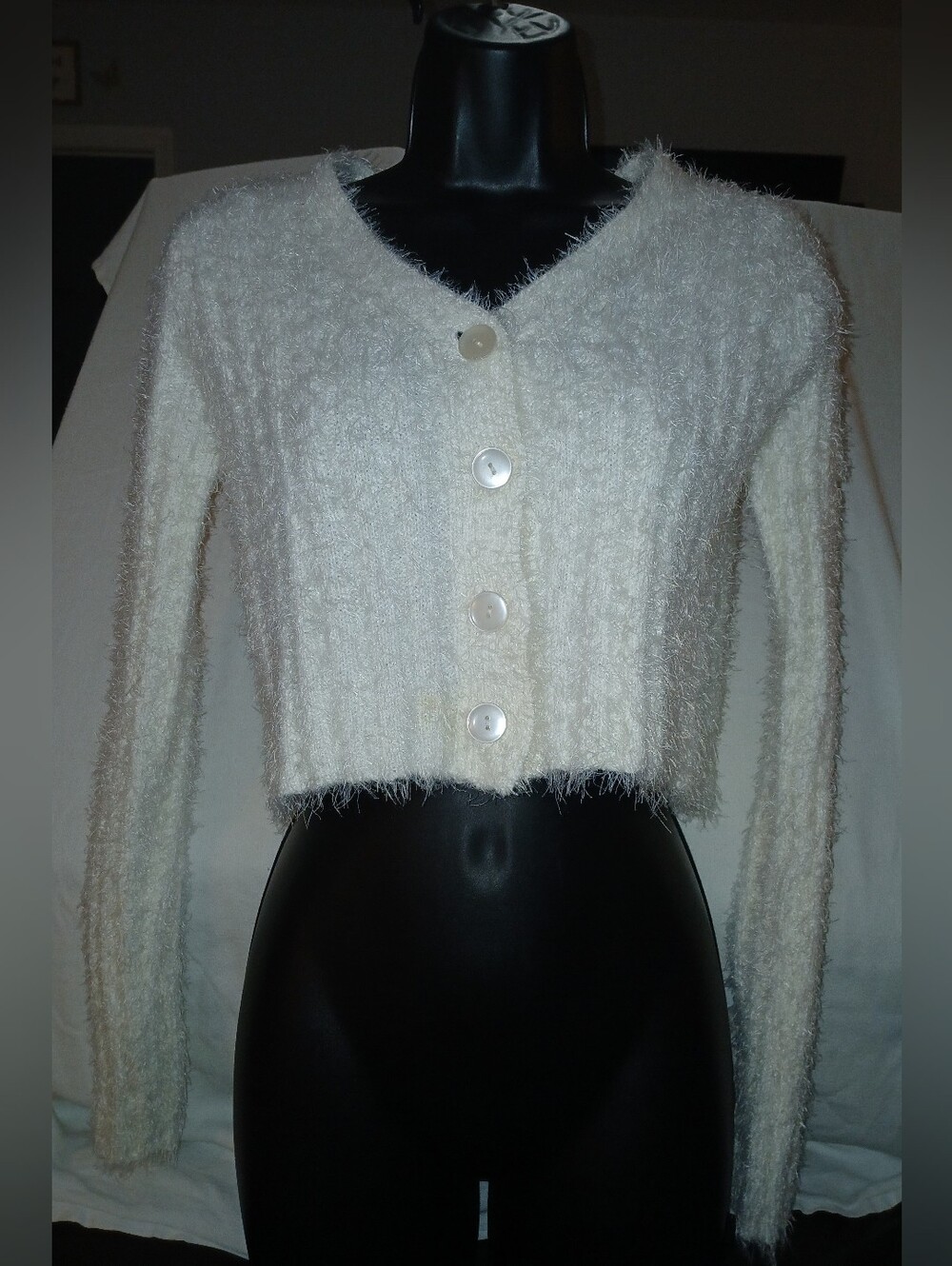 NWOT Women's Cream Fuzzy Button-Front Cropped Cardigan.